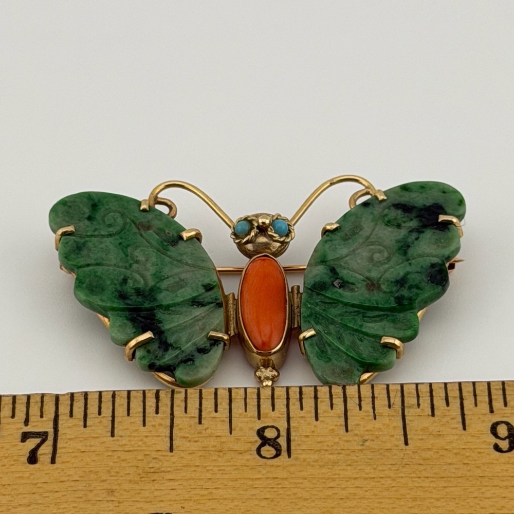 Vintage 18K Gold Moth Butterfly Brooch Carved Green Jade Coral Stone Turquoise - Picture 8 of 14